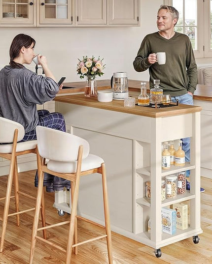 YITAHOME Kitchen Island with Storage Cabinet, Rolling Kitchen Cart on Wheels, Americana Kitchen Island Cabinet with Open Shelves for Kitchen Dining Room, Thicker Rubberwood Top, Off White - LeafyLoom