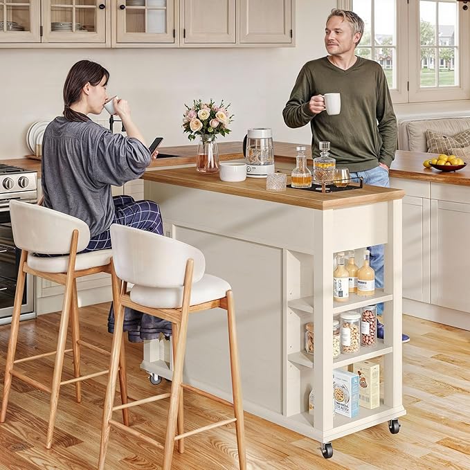 YITAHOME Kitchen Island with Storage Cabinet, Rolling Kitchen Cart on Wheels, Americana Kitchen Island Cabinet with Open Shelves for Kitchen Dining Room, Thicker Rubberwood Top, Off White - LeafyLoom