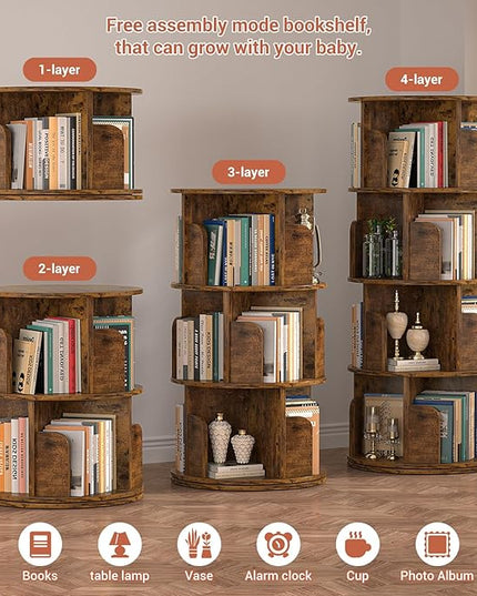 Rotating Bookshelf, Corner Bookshelf, 360 Display Wood Spinning Bookcase Storage Rack, Floor Standing Revolving Bookcase Narrow Book Shelf Organizer for Small Space, Bedroom, Rustic Brown - LeafyLoom
