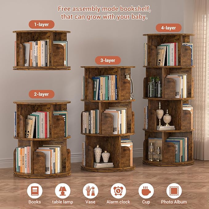 Rotating Bookshelf, Corner Bookshelf, 360 Display Wood Spinning Bookcase Storage Rack, Floor Standing Revolving Bookcase Narrow Book Shelf Organizer for Small Space, Bedroom, Rustic Brown - LeafyLoom