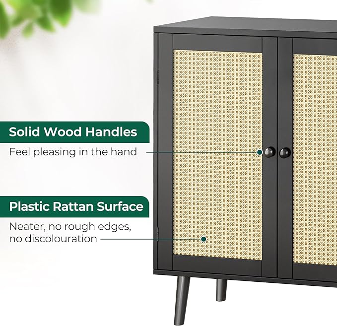 Buffet Cabinet with Storage, Storage Cabinet with Synthetic Rattan Decor Doors, Accent Cabinet with Solid Wood Feet, Sideboard Cabinet for Hallway, Entry, Living Room, Black - LeafyLoom