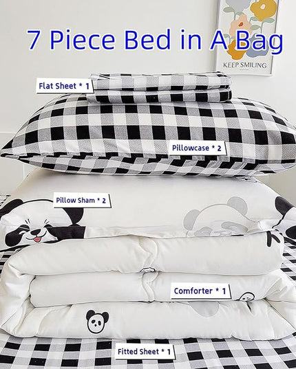 7 Piece Kids Panda Comforter Set Full Size - Black White Cute Panda Bedding Set Bed in A Bag for Girls Boys Teens - Soft Comfortable Machine Washable Bed Set - LeafyLoom