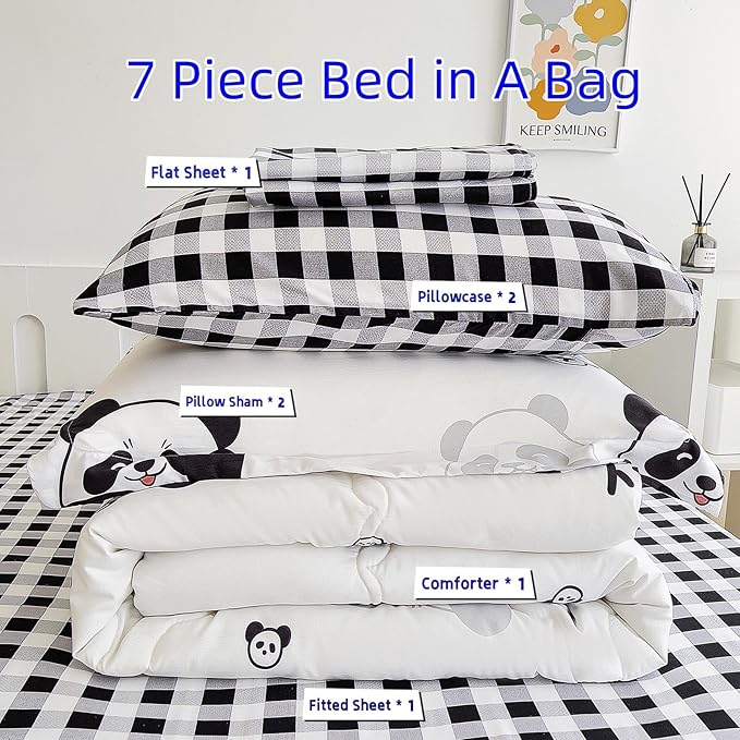 7 Piece Kids Panda Comforter Set Full Size - Black White Cute Panda Bedding Set Bed in A Bag for Girls Boys Teens - Soft Comfortable Machine Washable Bed Set - LeafyLoom