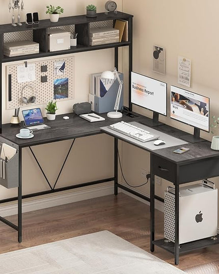 Yoobure L Shaped Desk Gaming Desk with LED Strip & Power Outlet, Reversible L-Shaped Computer Desk with Storage Shelf & Drawer, Corner Desk with Storage Bag, 2 Person Home Office Desk, Gray - LeafyLoom