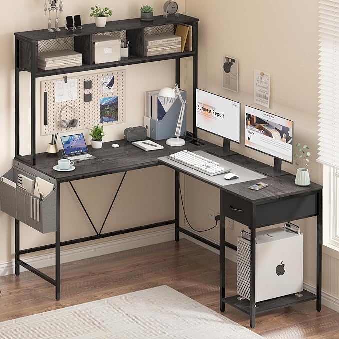 Yoobure L Shaped Desk Gaming Desk with LED Strip & Power Outlet, Reversible L-Shaped Computer Desk with Storage Shelf & Drawer, Corner Desk with Storage Bag, 2 Person Home Office Desk, Gray - LeafyLoom