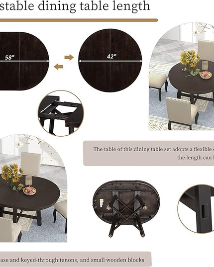 NicBex Round Dining Table Dining Room Set 5-Piece Farmhouse Dining Table Set Wood Round Extendable Dining Table and 4 Upholstered Dining Chairs for Set, Espresso - LeafyLoom