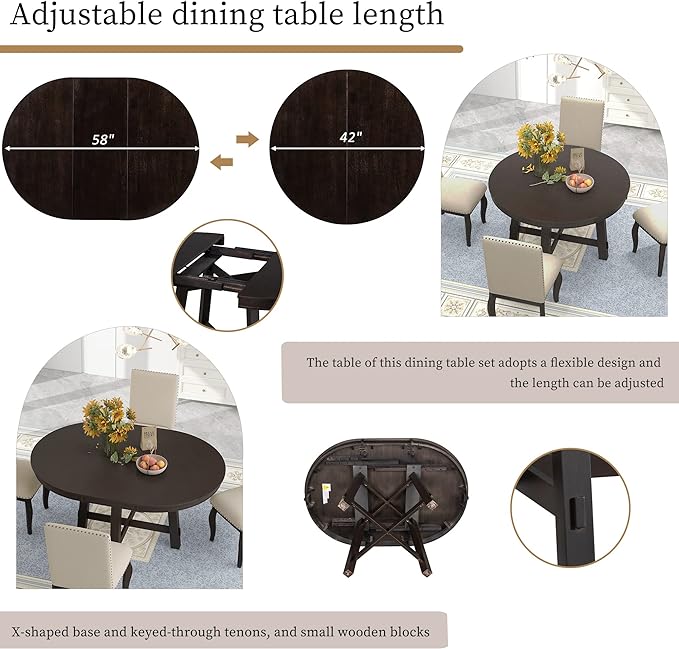 NicBex Round Dining Table Dining Room Set 5-Piece Farmhouse Dining Table Set Wood Round Extendable Dining Table and 4 Upholstered Dining Chairs for Set, Espresso - LeafyLoom