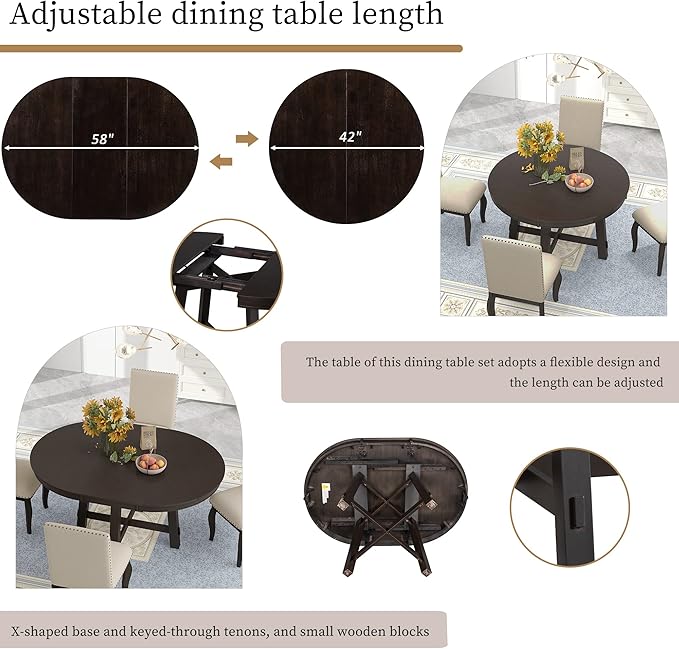 Room 5-Piece Farmhouse Dining, Wooden Round Extendable Kitchen Set-Rectangular Wood Table and 4 Classic Style Chairs, Espresso, 1 - LeafyLoom