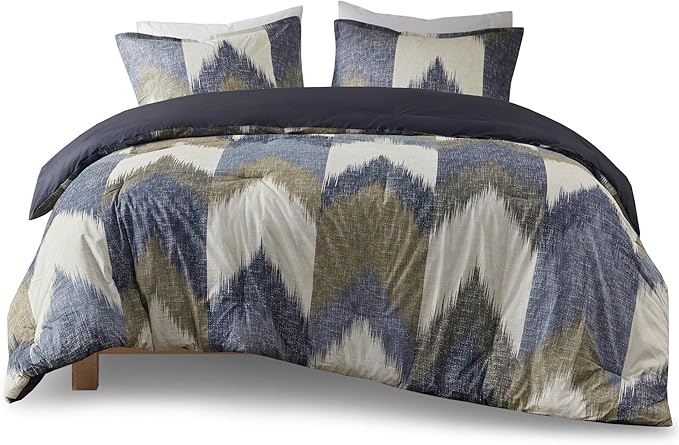 INK+IVY Queen Size Comforter Set, Cozy Cotton Comforter, All Season, Lightweight Comforter Queen Bed Set with 2 Matching Shams, Modern Cabin Lodge Ikat Chevron Design, Navy Full/Queen 3 Piece - LeafyLoom