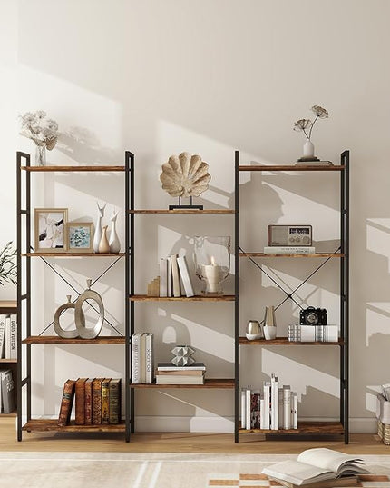 Panana Triple 4 tier bookshelf, Industrial Bookcase with 11 Open Display Shelves Wide Book Shelf Book Case with Metal Frame for Living Room Home Office (Brown) - LeafyLoom