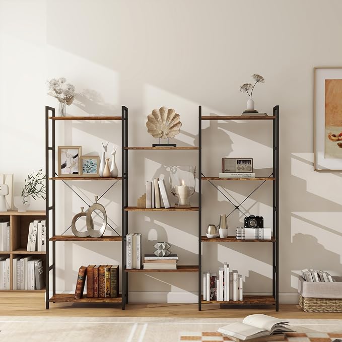 Panana Triple 4 tier bookshelf, Industrial Bookcase with 11 Open Display Shelves Wide Book Shelf Book Case with Metal Frame for Living Room Home Office (Brown) - LeafyLoom
