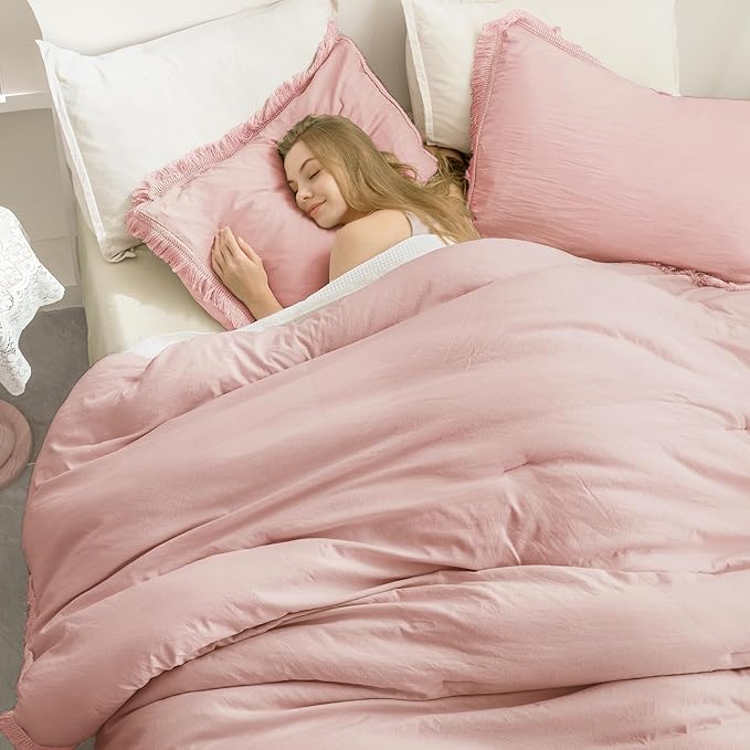 Andency Pink Comforter Set Full Size for Girls, Blush Boho Women Tassel Lightweight Bedding Comforter Sets, 3 Pieces All Season Soft Fluffy Fringe Bed Set (79x90In Comforter & 2 Pillowcases) - LeafyLoom