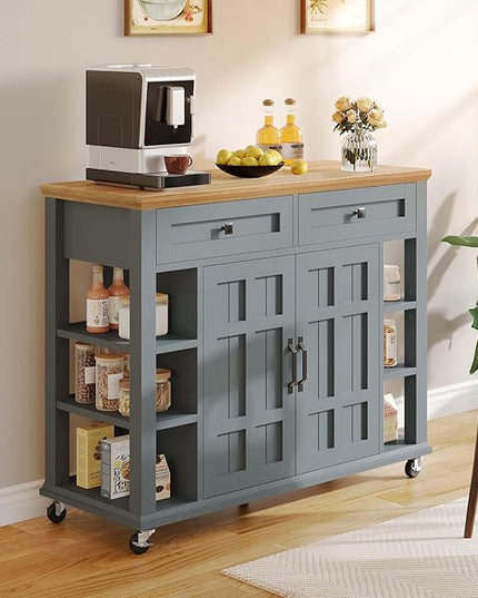 YITAHOME Kitchen Island with Storage Cabinet, Rolling Kitchen Cart on Wheels, Americana Kitchen Island Cabinet with Open Shelves for Kitchen Dining Room, Thicker Rubberwood Top, Grey Blue - LeafyLoom