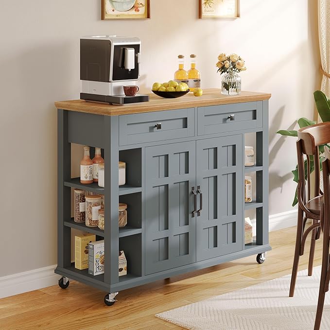 YITAHOME Kitchen Island with Storage Cabinet, Rolling Kitchen Cart on Wheels, Americana Kitchen Island Cabinet with Open Shelves for Kitchen Dining Room, Thicker Rubberwood Top, Grey Blue - LeafyLoom