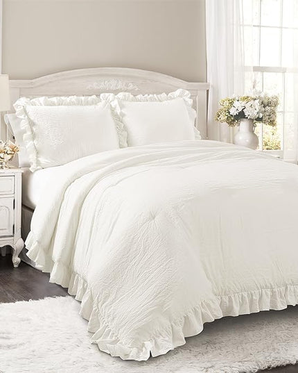 Lush Decor Reyna Ruffle Comforter Set - 3 Piece Cozy Ruffled Bedding Set - Timeless Elegance and Comfort for Bedroom - California King, White - LeafyLoom