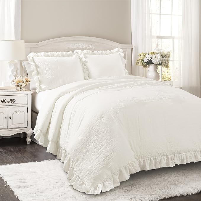 Lush Decor Reyna Ruffle Comforter Set - 3 Piece Cozy Ruffled Bedding Set - Timeless Elegance and Comfort for Bedroom - California King, White - LeafyLoom