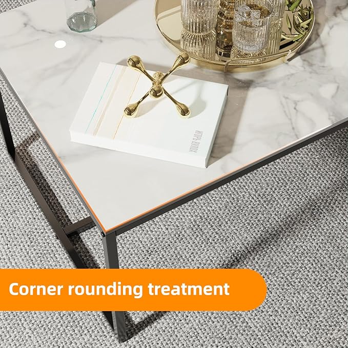 Wisfor Sintered Stone Coffee Table: White Sofa Side Table with Black Metal Frame for Living Room, 39.4x23.6x15.7 Inch - LeafyLoom