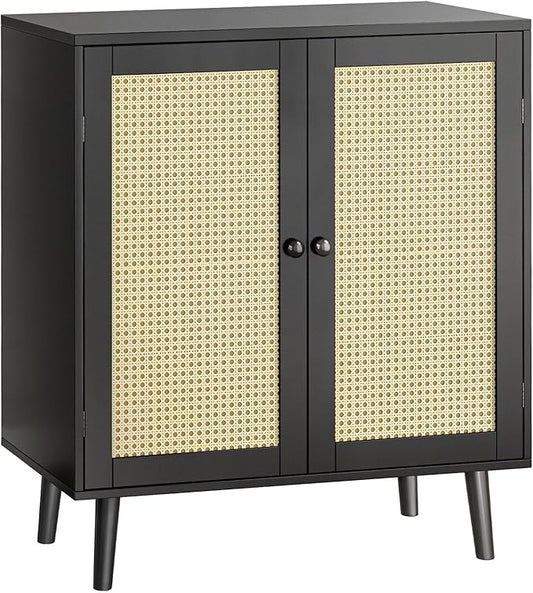 Buffet Cabinet with Storage, Storage Cabinet with Synthetic Rattan Decor Doors, Accent Cabinet with Solid Wood Feet, Sideboard Cabinet for Hallway, Entry, Living Room, Black - LeafyLoom