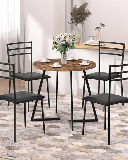 VECELO Round Dining Table with Steel Frame for 2-4 People, Space Saving for Home, Kitchen, Apartment, Antique Brown - LeafyLoom