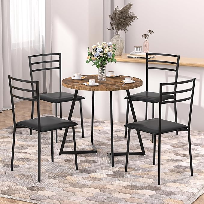 VECELO Round Dining Table with Steel Frame for 2-4 People, Space Saving for Home, Kitchen, Apartment, Antique Brown - LeafyLoom