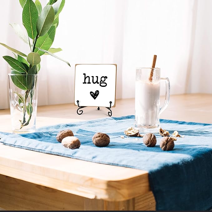 Hug - Home Office Desk Decor Wood Plaque with Stand, Love You Gifts, Thinking of You Gifts for Women Friends Girlfriend Boyfriend Mom Sisters - A01 - LeafyLoom