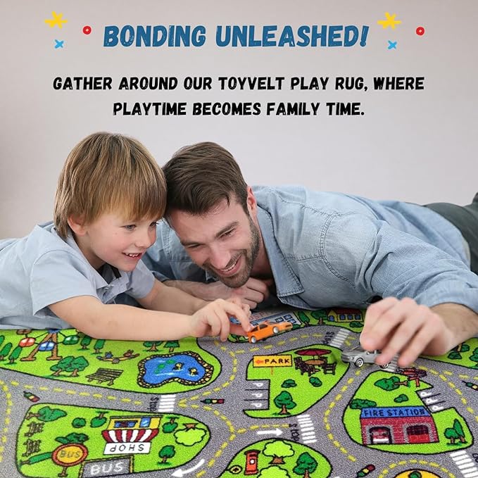 ToyVelt Kids Carpet Playmat Car Rug – Educational Road Traffic Carpet Multi Color Play Mat - X-Large 71" x 39" Best Kids Rugs for Playroom & Kid Bedroom – for Ages 3-12 Years Old - LeafyLoom
