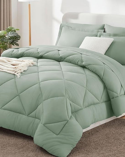 CozyLux Queen Comforter Set with Sheets 7 Pieces Bed in a Bag Sage Green All Season Bedding Sets with Comforter, Pillow Shams, Flat Sheet, Fitted Sheet and Pillowcases - LeafyLoom