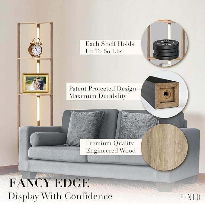 FENLO Fancy - LED Display Shelf with Dimmable Lights, LED Shelf Floor Lamps for Living Room, Sturdy Corner Shelf Curio Cabinet Display, Tall Floor Lamps with Shelves - LeafyLoom