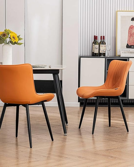 YOUTASTE Camel Dining Chairs Set of 2 Upholstered Mid Century Modern Kitchen Dining Room Chairs Armless Faux Leather Accent Chairs Metal Vanity Lounge Chair with Back for Living Room Bedrooms - LeafyLoom