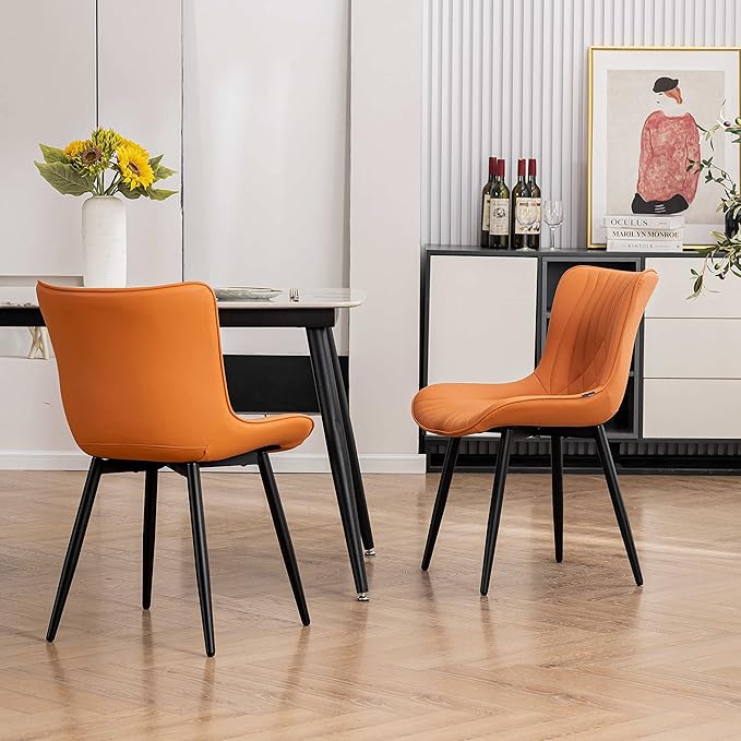 YOUTASTE Camel Dining Chairs Set of 2 Upholstered Mid Century Modern Kitchen Dining Room Chairs Armless Faux Leather Accent Chairs Metal Vanity Lounge Chair with Back for Living Room Bedrooms - LeafyLoom