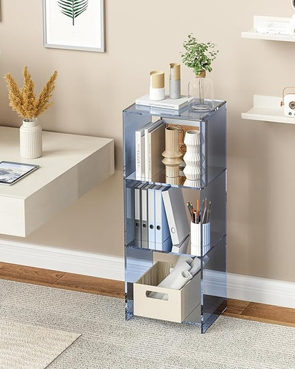 Acrylic Bookcase, 3 Tier Clear Floor Standing Bookshelf, 31.5 inch Tall Display Cube Storage Shelf Home Decor Furniture for Home, Office, Living Room, Bedroom - Transparent Blue - LeafyLoom