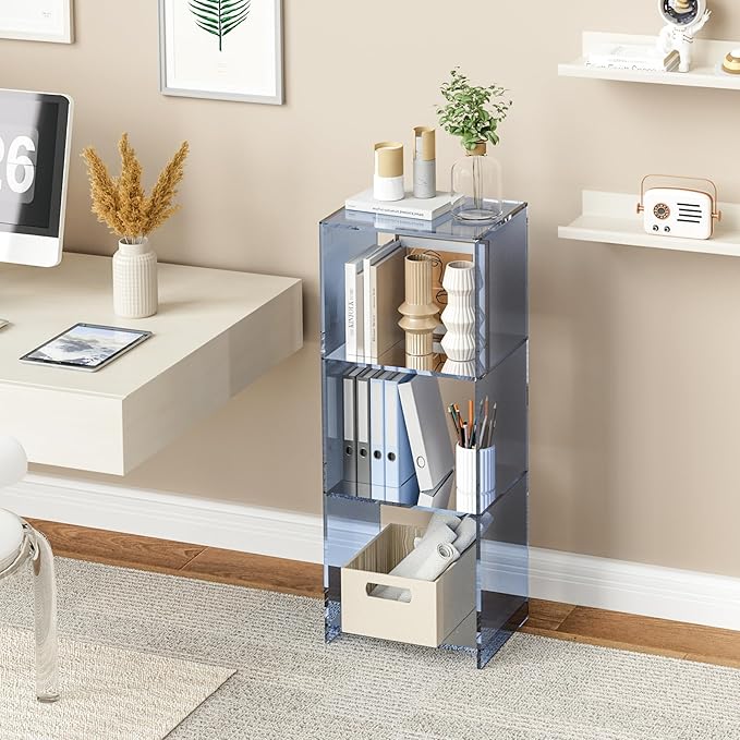 Acrylic Bookcase, 3 Tier Clear Floor Standing Bookshelf, 31.5 inch Tall Display Cube Storage Shelf Home Decor Furniture for Home, Office, Living Room, Bedroom - Transparent Blue - LeafyLoom