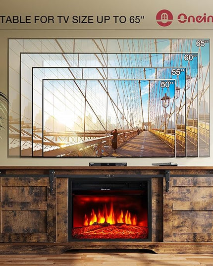 oneinmil Fireplace TV Stand with 18” Electric Fireplace, 58” TV Console Stand for TVs Up to 65", LED Light Entertainment Center, Fireplace for The Living Room TV Stand, Brown - LeafyLoom