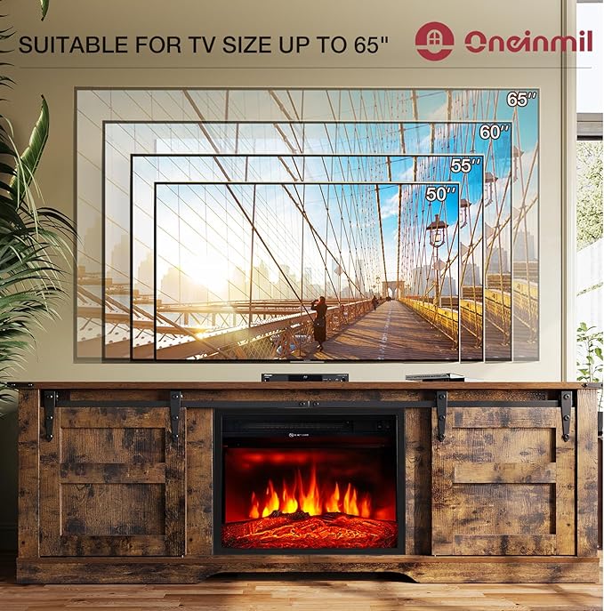 oneinmil Fireplace TV Stand with 18” Electric Fireplace, 58” TV Console Stand for TVs Up to 65", LED Light Entertainment Center, Fireplace for The Living Room TV Stand, Brown - LeafyLoom