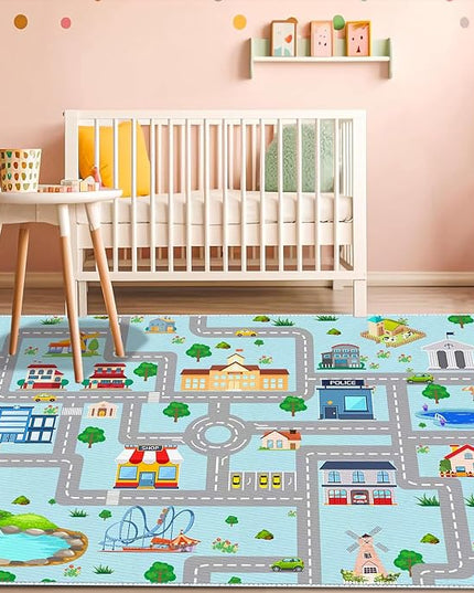 Kids Car Rug, 3x5 City Life Traffic Road Playmat for Toy Cars Trains, Non-Slip Race Track Carpet Educational Fun Area Rugs for Boy and Girl Bedroom Nursery - LeafyLoom