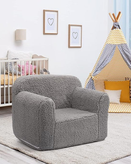 ALIMORDEN Kids Ultra-Soft Snuggle Foam Filled Chair, Toddler Cuddly Sherpa Reading Couch for Boys and Girls, Grey - LeafyLoom