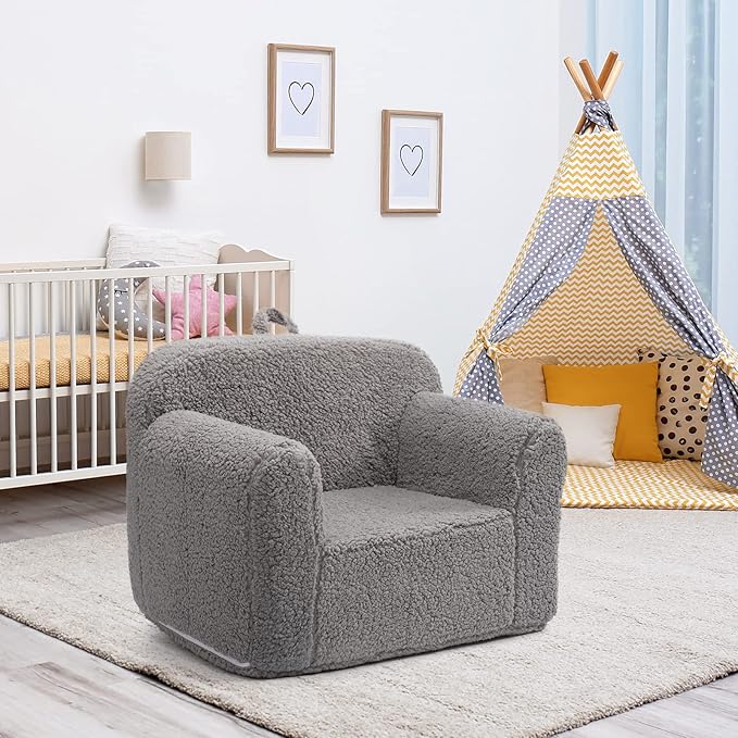 ALIMORDEN Kids Ultra-Soft Snuggle Foam Filled Chair, Toddler Cuddly Sherpa Reading Couch for Boys and Girls, Grey - LeafyLoom