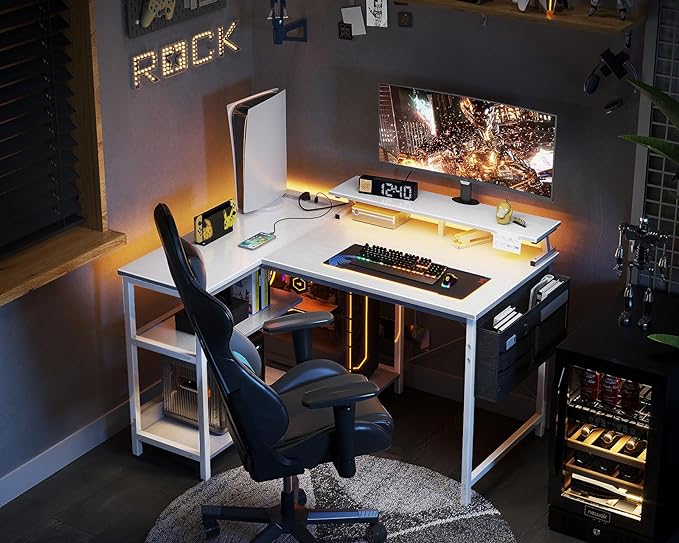 ODK 40 Inch Gaming Desk with USB Charging Ports and LED Lights, Reversible L Shaped Computer Desk with Storage Shelves & Monitor Stand, Corner Home Office Desk Table with Power Outlets, White - LeafyLoom