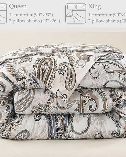 Whale Flotilla Queen Full Comforter Set, Soft Reversible Beige Bedding Comforter Set with Pailsey Pattern, 1 Micoriber Printed Comforter and 2 Pillow Shams, 3 Pieces - LeafyLoom