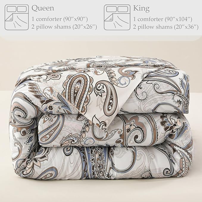 Whale Flotilla King Comforter Set, Soft Reversible Beige Bedding Comforter Set with Pailsey Pattern, 1 Micoriber Printed Comforter and 2 Pillow Shams, 3 Pieces - LeafyLoom