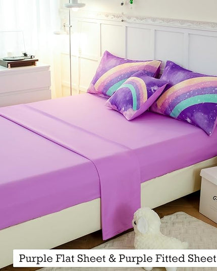 Purple Rainbow Girls Full Size Comforter Set, 6 Pieces Gradient Glitter Kids Bedding Sets, Galaxy Kids Bedroom Decor Bed in A Bag with Sheets for Girls Teens - LeafyLoom