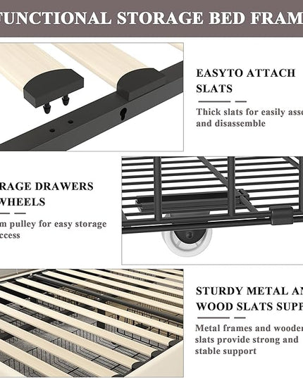 VECELO Queen Size Upholstered Platform Bed Frame with 4 Storage Drawers, Adjustable Velvet Rivets Headboard, Wooden Slats Support, No Box Spring Needed, Easy Assembly - LeafyLoom