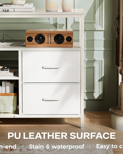 TV Stand Dresser with Power Outlets and LED Lights, 4 Drawers Entertainment Center with Open Shelf, Media Console for 50 43 Inch TV, Dresser with PU Finish, White - LeafyLoom