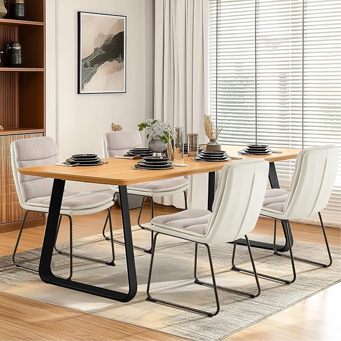 Dining Chairs Set of 4, Upholstered Dining Room Kitchen Chairs with Metal Legs, Modern Fabric PU Leather Side Chairs for Home Office, Light Brown - LeafyLoom