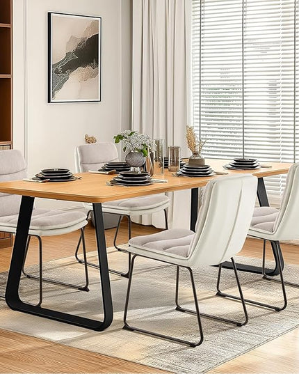 Dining Chairs Set of 6, Upholstered Dining Room Kitchen Chairs with Metal Legs, Modern Fabric PU Leather Side Chairs for Home Office, Light Brown - LeafyLoom