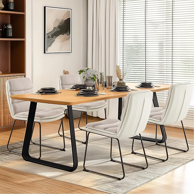 Dining Chairs Set of 6, Upholstered Dining Room Kitchen Chairs with Metal Legs, Modern Fabric PU Leather Side Chairs for Home Office, Light Brown - LeafyLoom