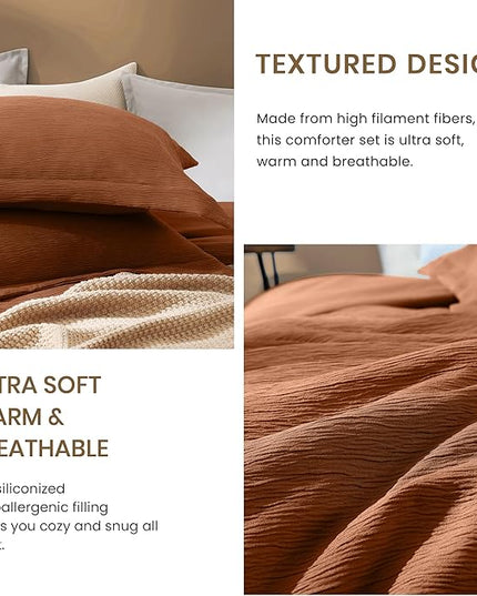 Burnt Orange King Size Comforter Set, Premium Summer King Bedding Set 3 Piece, Crinkle Design King Bed Set with Minimalist Comforter & Shams (King, 102"x90") - LeafyLoom