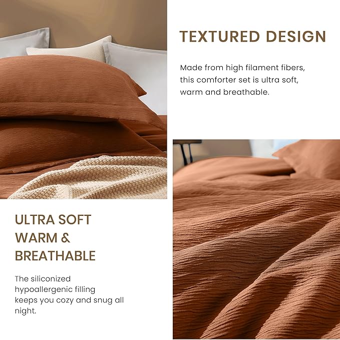 Burnt Orange Queen Comforter Set, Minimalist Lightweight Comforter for Crinkle Design Queen Bed Set, Bedding Queen Size, 3 Piece with Modern Comforter & Shams (Queen, 90"x90") - LeafyLoom