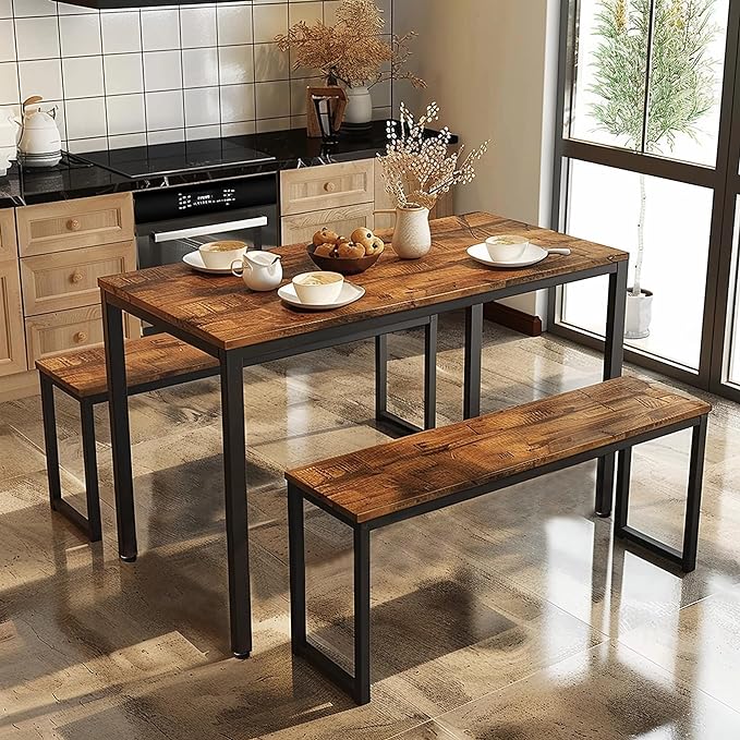 sogesfurniture Kitchen Table Set with 2 Benches, Dining Table Set for 4, 3 Piece Dining Room Set Industrial Style Furniture, Wooden Kitchen and Dining Set, Dining Table with Benches,Vintage Brown - LeafyLoom