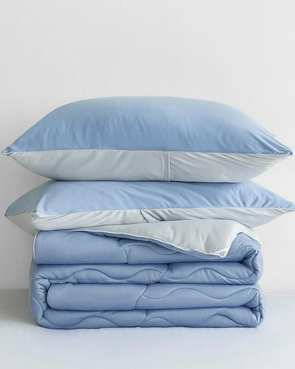 COTTEBED Reversible Light Blue and Grey Bed Comforter Twin Set, Jersey Knit T-Shirt Feel Ultra-Soft Lightweight Bedding Blanket Quilt & Pillowcase for Kid Boy Girl College Dorm All Season(Twin/TwinXL) - LeafyLoom